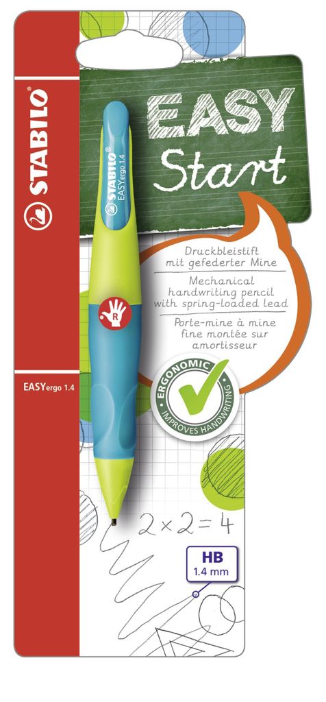 The image shows a STABILO EASYergo 1.4 mechanical pencil in its retail packaging. The packaging is red and white with green and blue accents, featuring graphics and text related to the product's features.