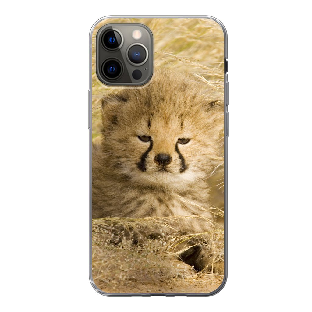 MuchoWow Handyhülle Schutzhülle Hülle für iPhone 12 Pro Gepard - Jung - Gras Silikon Softcase Handy Hülle - Abdeckung