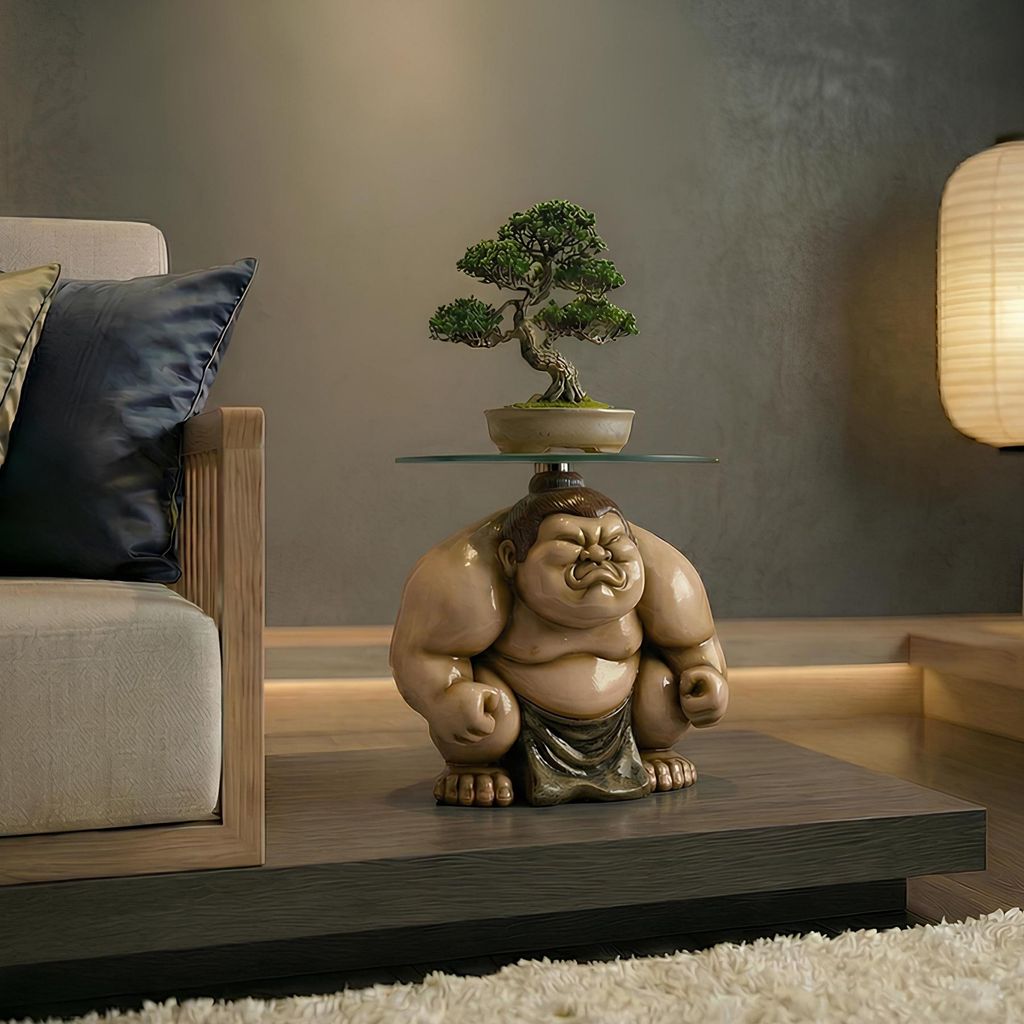 riess-ambiente Runder Beistelltisch SUMO 30cm natur beige braun Sicherheitsglas Polyresin Skulptur