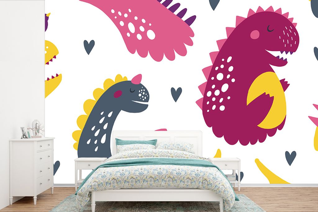 MuchoWow Fototapete für Wohnzimmer oder Schlafzimmer Wandtapete Vinyl Motivtapete Dino - Muster - Kind - Rosa - Mädchen - 450x300 cm - Kinderta...