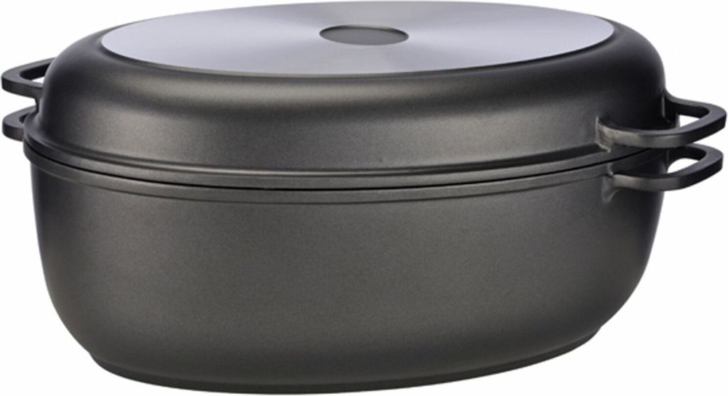 A dark gray oval-shaped pot with a silver lid and handles, photographed against a white background.