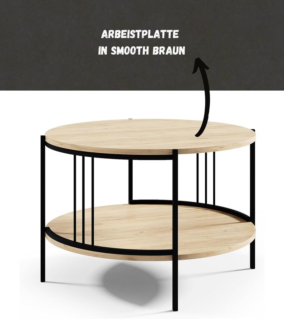 All4All Couchtisch Fin , runder Wohnzimmertisch , Metallbeine , Tisch Glamour , moderne Beine , Kafeetisch , Loft Stil , 75/50cm , 27 , Smooth Braun