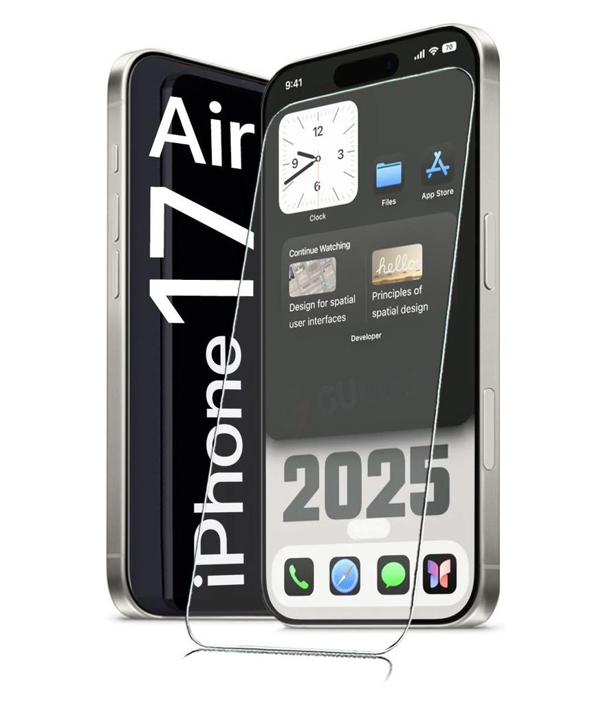 A render of two iPhones, one in the foreground showing a screen with apps and text, and another slightly behind it showing the side profile and text on its back.