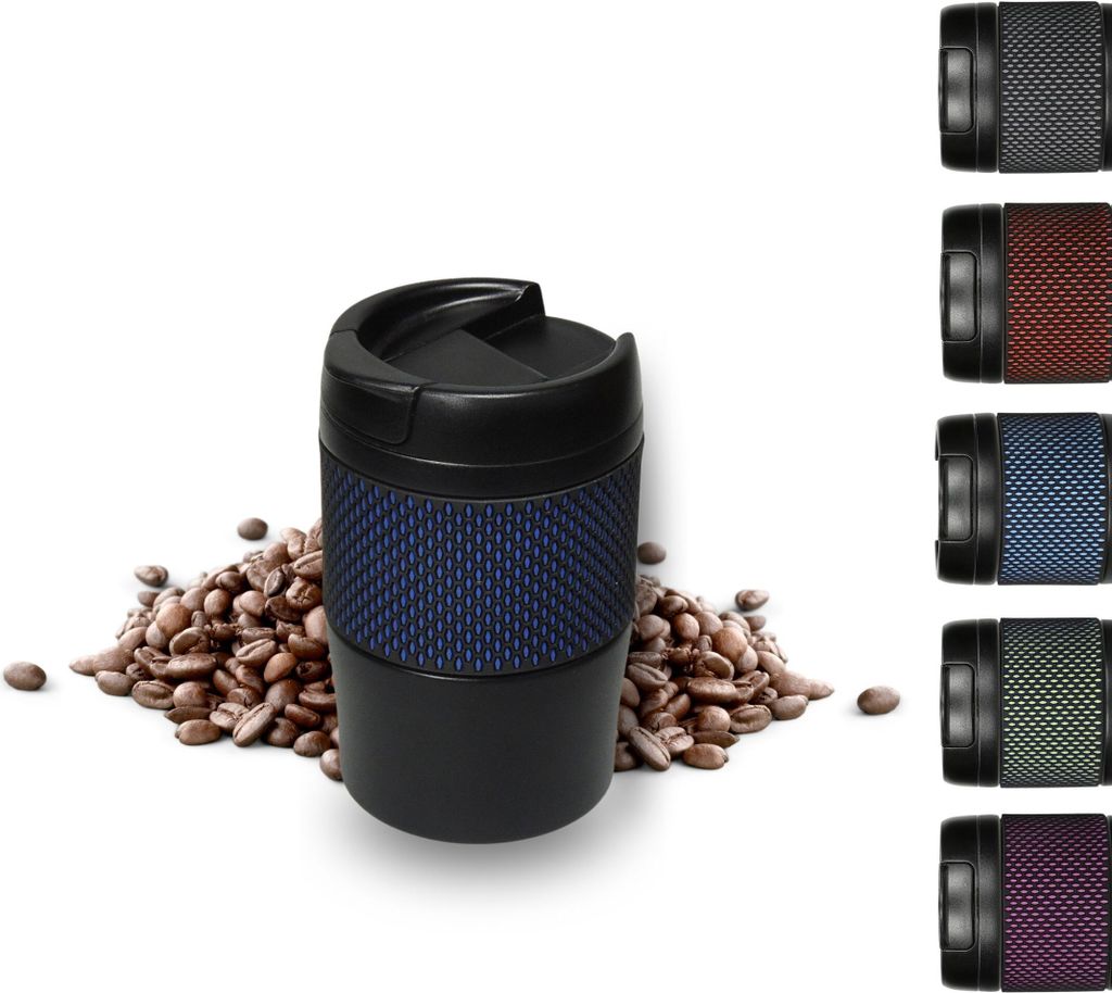 Thermobecher 'Temptation' klein - Kaffeebecher to go doppelwandig - Edelstahl Vakuumbecher mit Manschette - 300ml to go Becher - Schwarz/Blau