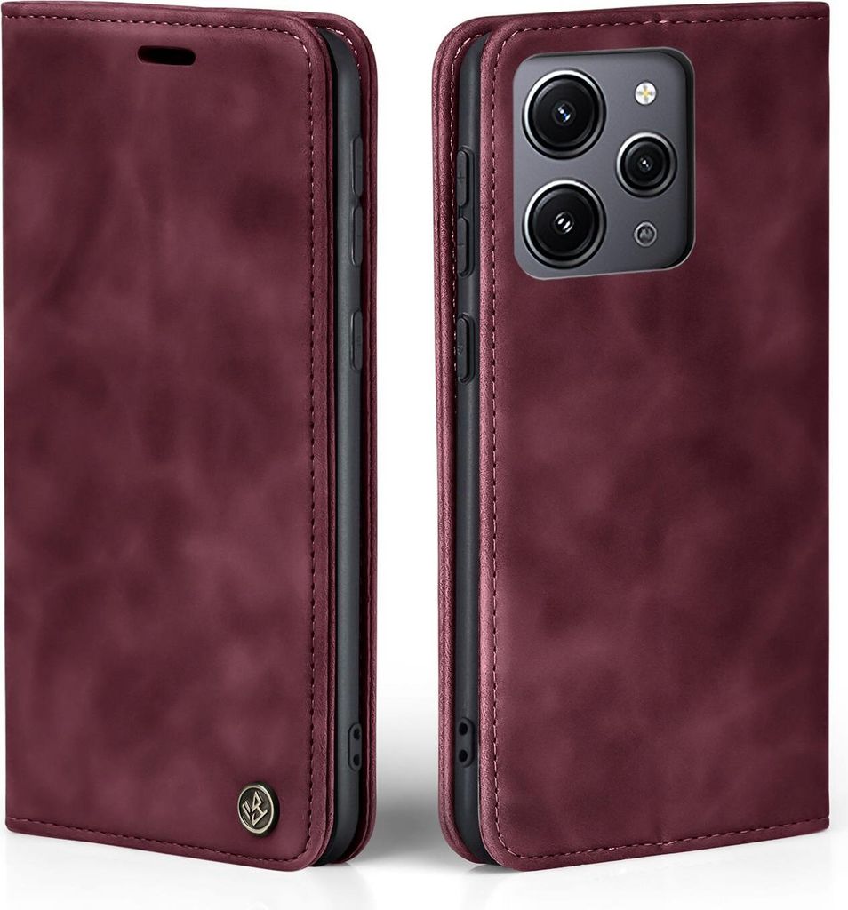 A burgundy flip-style phone case for a Xiaomi Redmi 12 is shown from two angles.