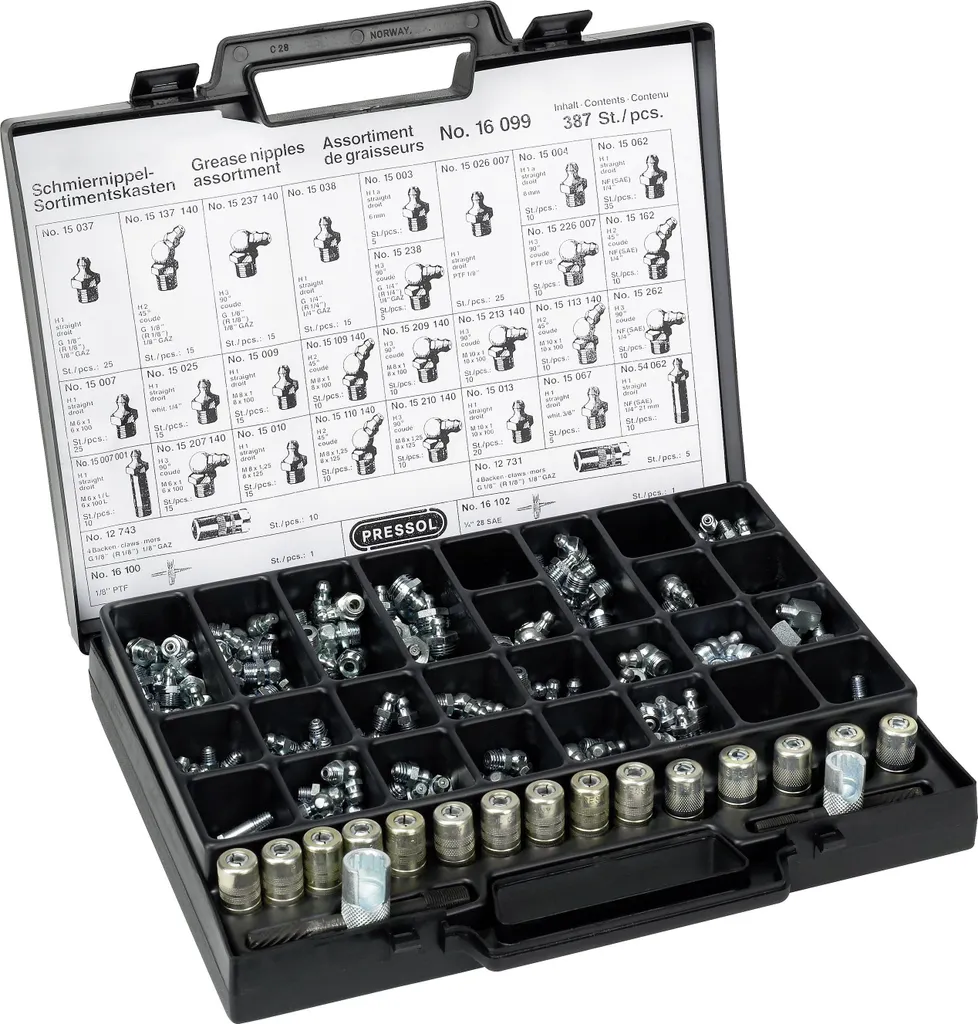 Assortiment de graisseurs hydrauliques Pressol en coffret de 387 unités