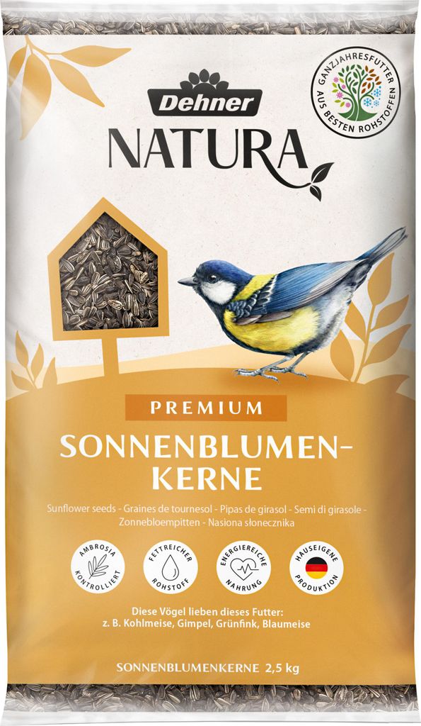 Dehner Natura Premium Wildvogelfutter, Sonnenblumenkerne, Ganzjahresfutter proteinreich / energiereich, hochwertiges Vogelfutter für Wildvögel, 2...