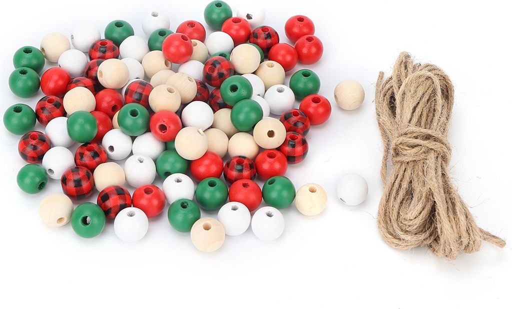 200Pcs DIY Weihnachten Holzperlen Set 5 Farben Perlenschnur Dekoration Zubehör für Beauty-Salon mit Twine