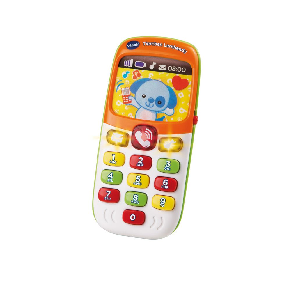 A Vtech toy phone with a cartoon dog on the screen.
