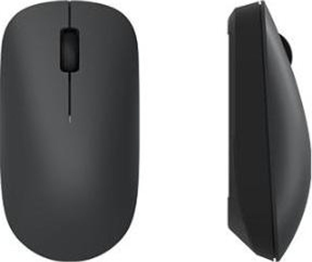 A top-down and side view of a black wireless computer mouse against a white background.