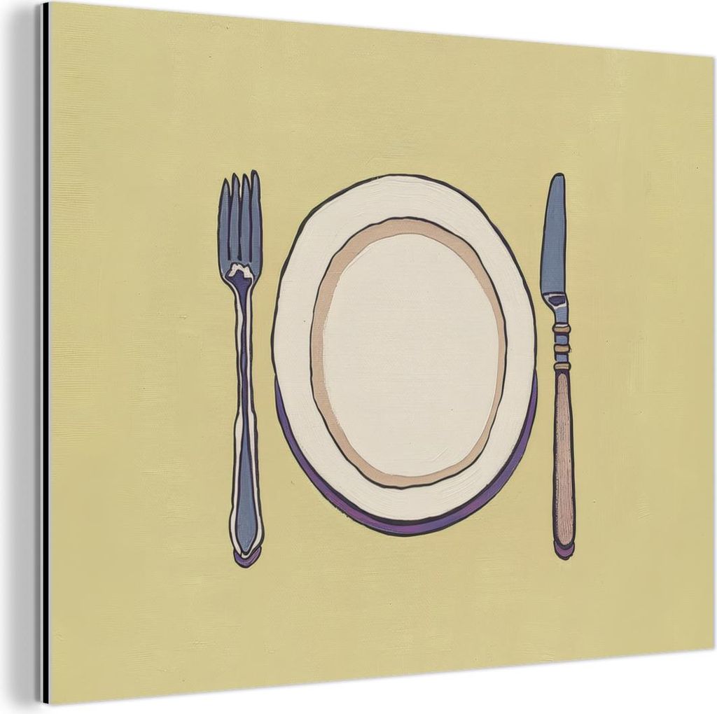 MuchoWow Wanddekoration Metall Metallbild Wandkunst 80x60 cm Illustration - Teller - Besteck - Beige MuchoWow Aluminium Gemälde - Alubild
