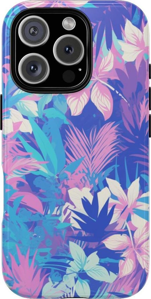Tropisches Blumenmuster in Lila und Türkis – Hülle Kompatibel mit iPhone 16 Pro