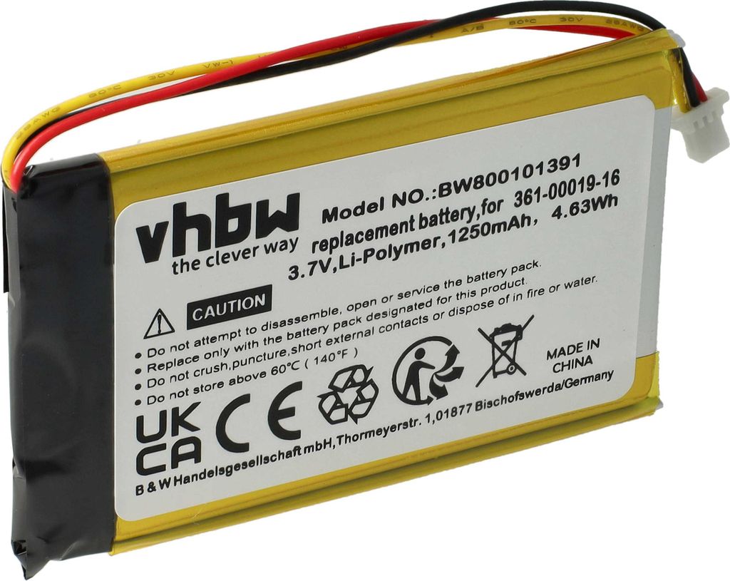 vhbw Akku Ersatz für Garmin 361-00019-16, 361-00019-40, ED38BD4251U20, 361-00019-12 für GPS Navigation Navi (1250 mAh, 3,7 V, Li-Polymer)