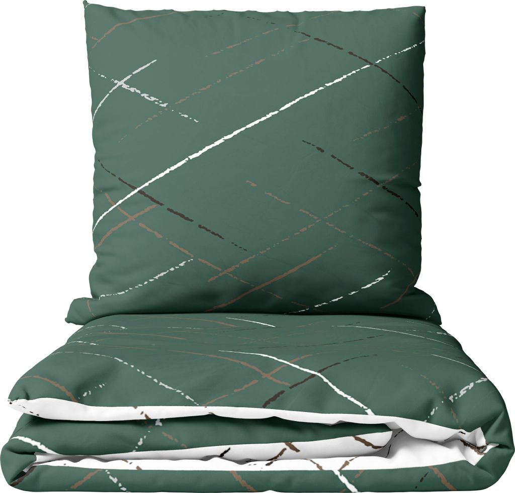 Bettwäsche Baumwolle 155x220 cm Set Grün Streifen Wendebettwäsche mit Reißverschluss Pflegeleicht & Bügelfrei 4 Teilig