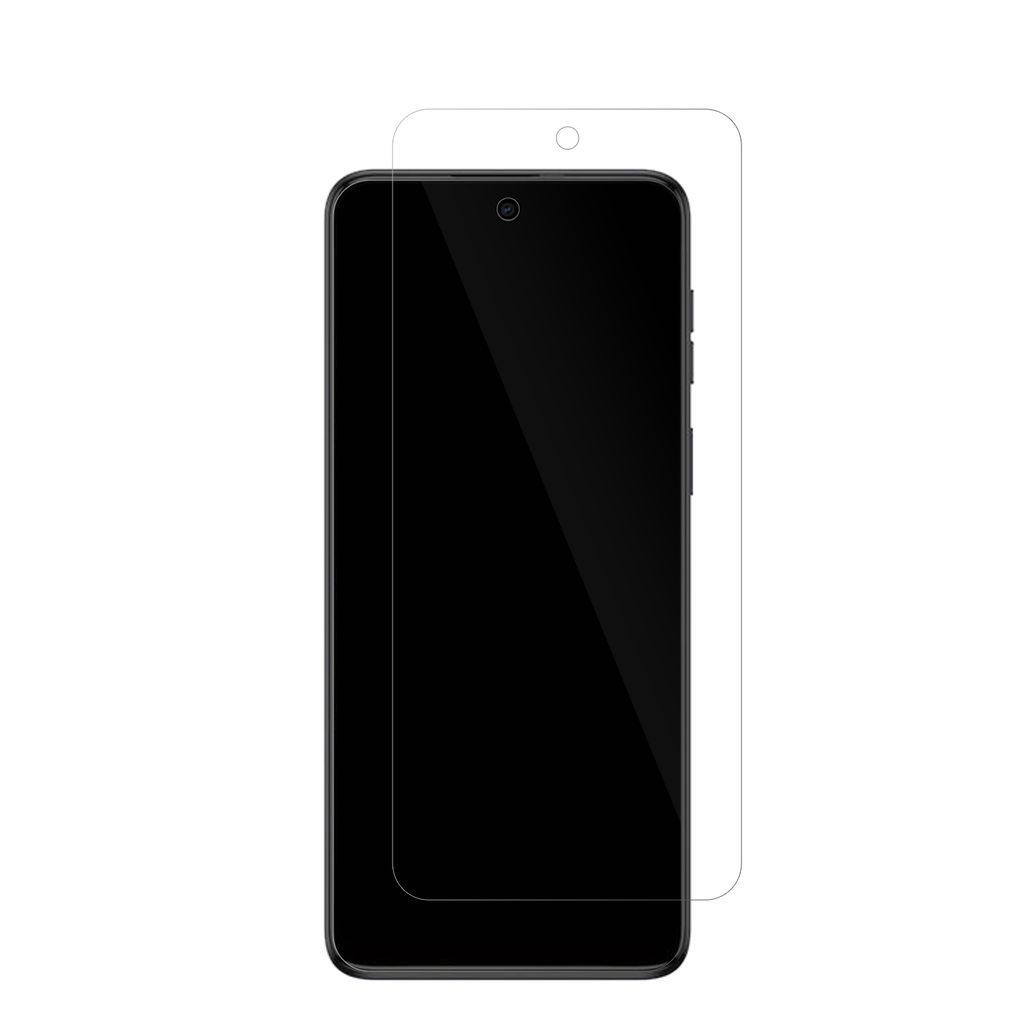 A smartphone screen protector is shown on top of a smartphone.