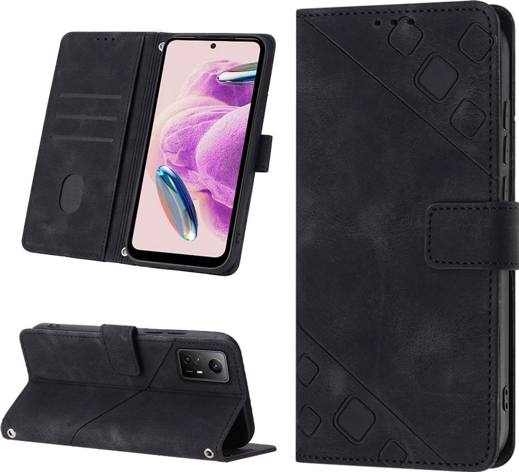 Hülle für Xiaomi Redmi Note 12S Prägung Flip Leder Brieftasche Schutzhülle mit Ständer Schwarz