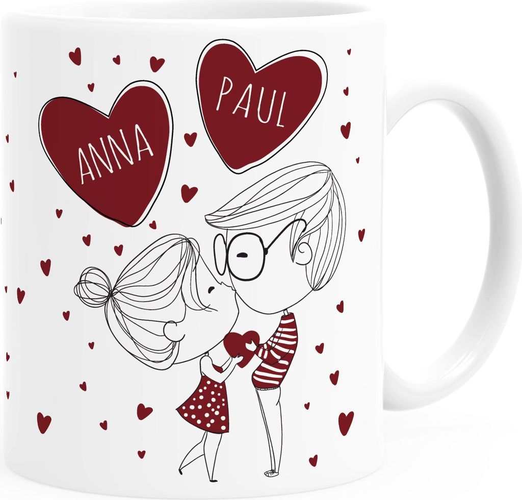 personalisierte Kaffee-Tasse Liebespaar Pärchen mit Liebesbotschaft Liebes-Geschenk Freundin Mann SpecialMe anpassbar Herzen weiß Keramik-Tasse