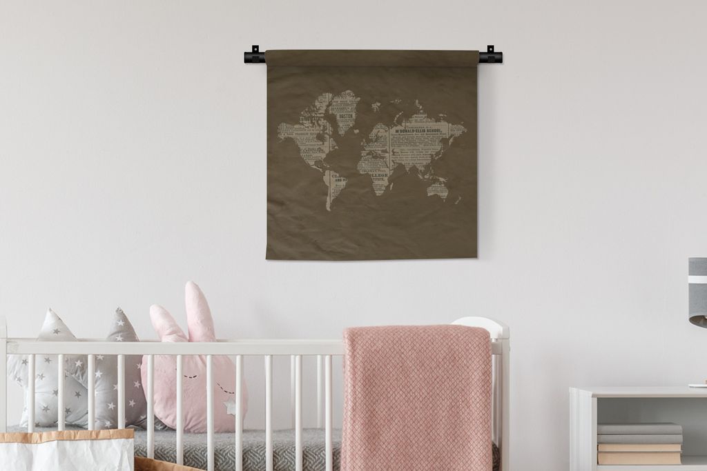 MuchoWow Wandteppich Wandbehang Weltkarte - Zeitung - Braun 60x60 cm Tapisserie Dekoration Wandtuch - Dekorationen - Wand Decke