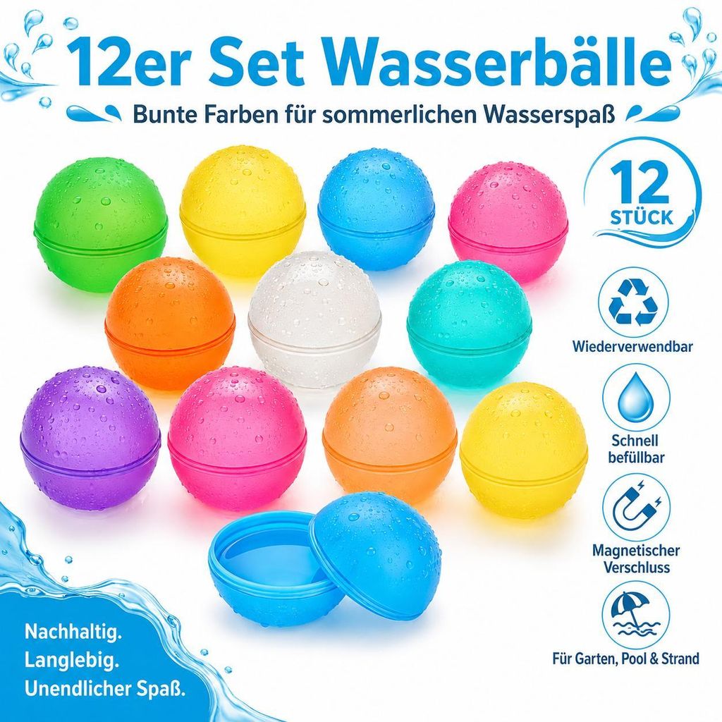 12 wiederverwendbare  magnetische Wasserbälle in bunten Produktbild 