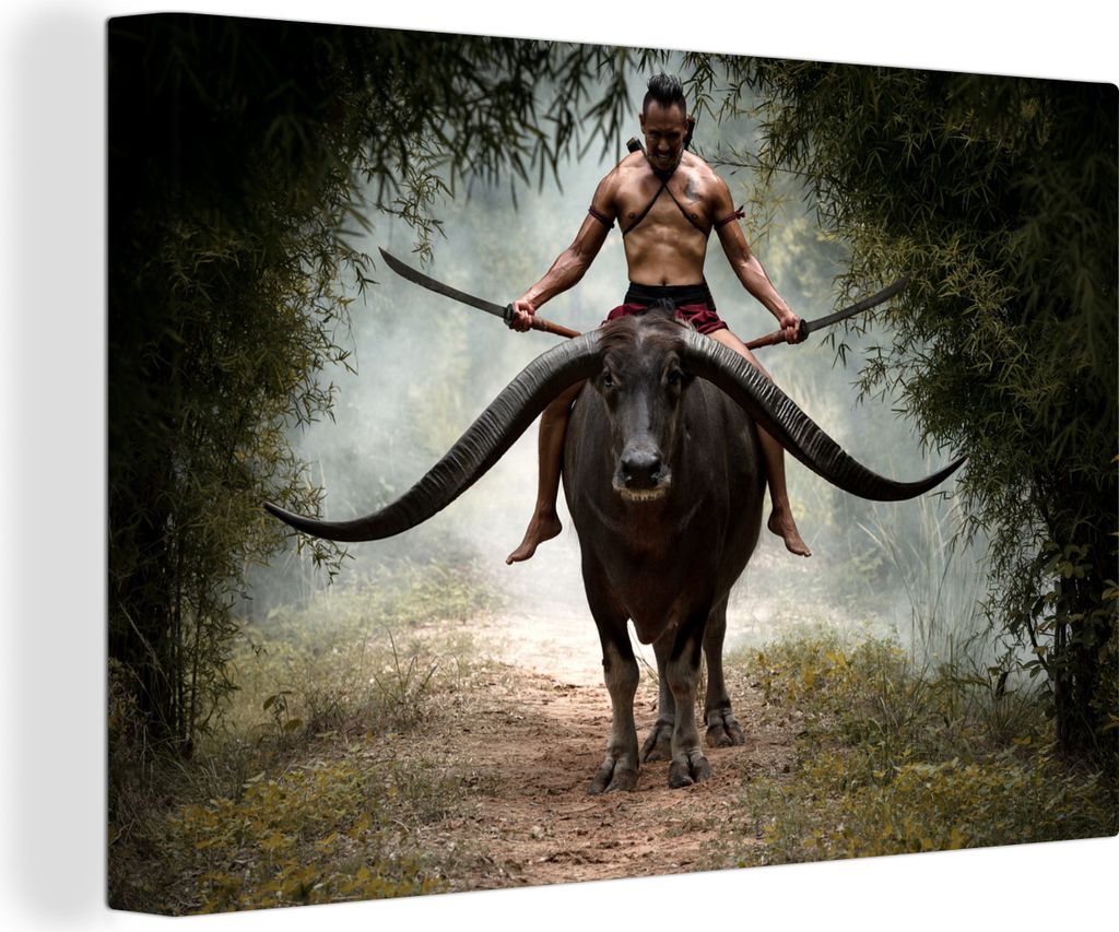 OneMillionCanvasses - Leinwandbilder - 140x90 cm, Thai-Krieger und sein Büffel, Wandbilder Kunstdruck Wanddekoration