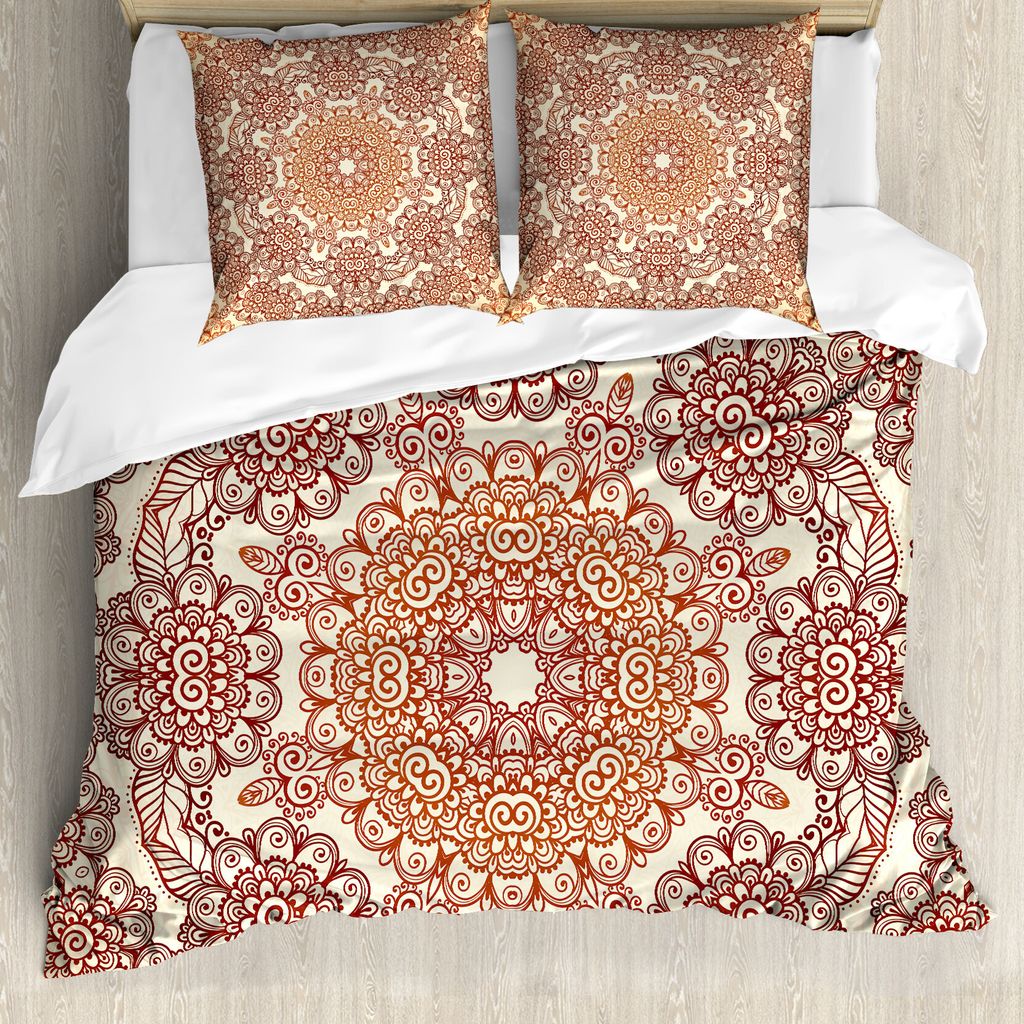 ABAKUHAUS Ethnisch Bettbezug, Vintage Rund, Milbensicher Allergiker geeignet mit Kissenbezügen, 200 cm x 200 cm - 80 x 80 cm, Braun Hellbraun