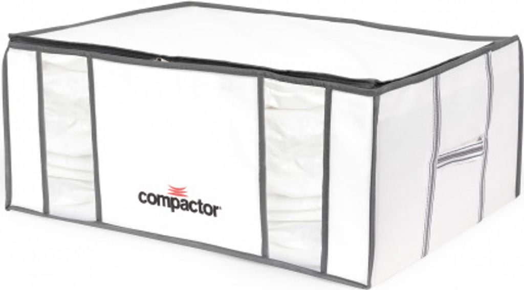 A white storage bag with gray trim and a zipper.