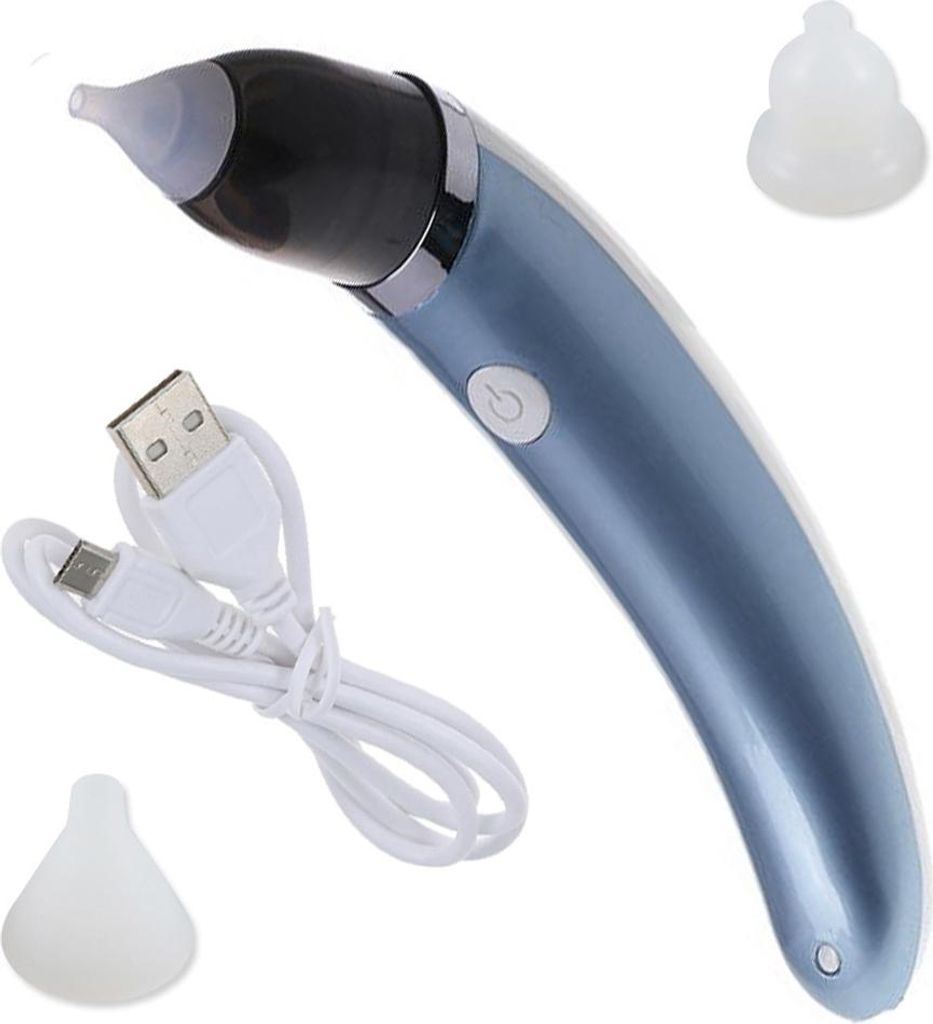 A blue electric nasal aspirator with a USB charging cable and two silicone tips on a white background.