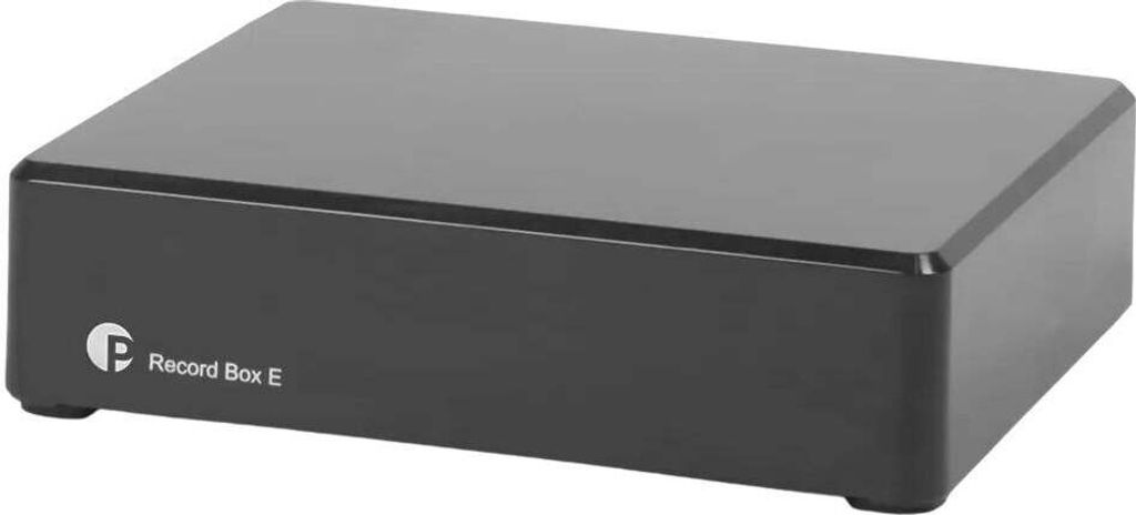 A black Pro-Ject Record Box E phono preamplifier is shown against a white background.