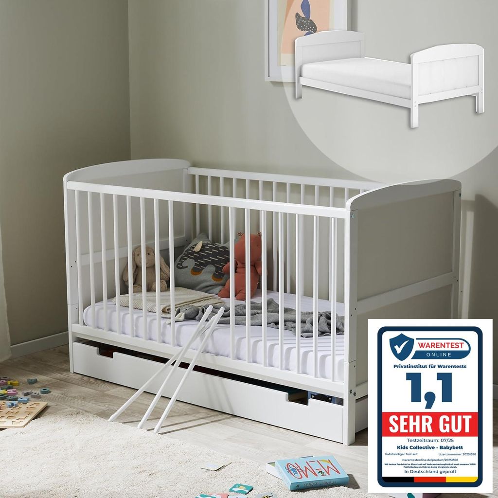Babybett Kinderbett 70x140 cm mit Schublade Umbaubares Gitterbett höhenverstellbar & herausnehmbare Sprossen weiß
