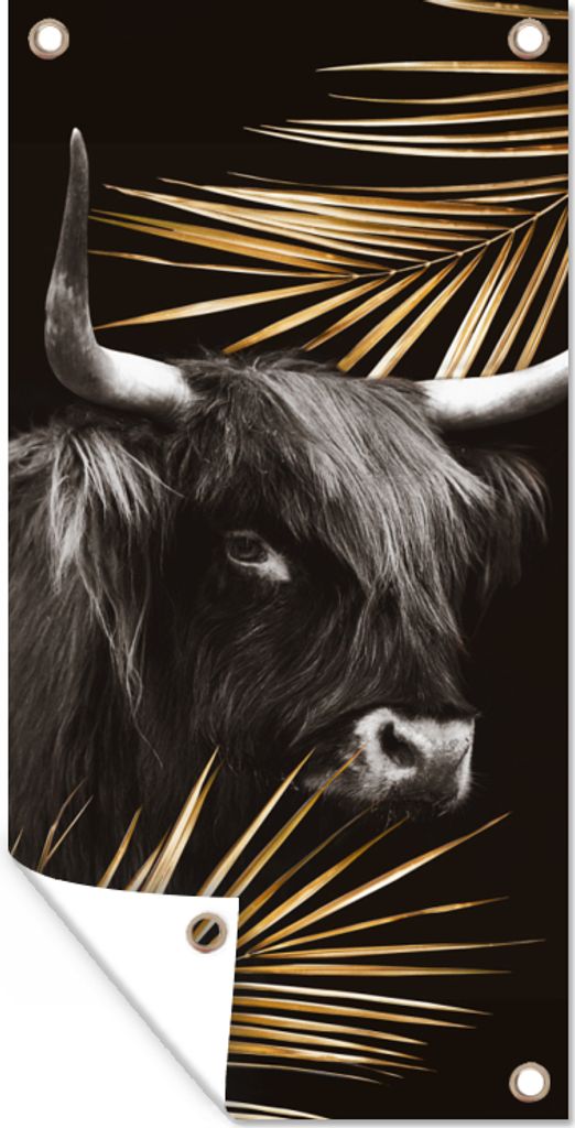 MuchoWow 40x80 cm Outdoor-Poster Gartendeko Sichtschutz Garten Poster für den Garten Schottischer Highlander - Blätter - Gold