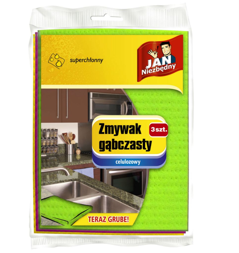 A package of kitchen sponges is shown against a white background. The packaging features a graphic of a kitchen sink and countertops, along with product information.