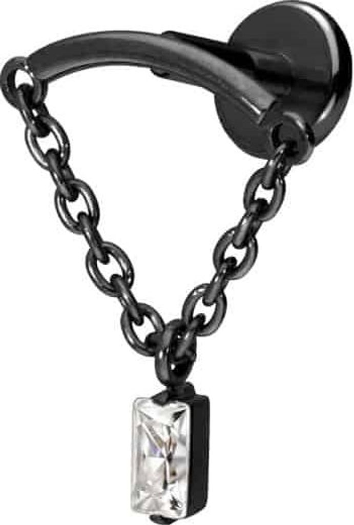 Ohrpiercing, Nasenpiercing Titan Labret mit Push Fit BOGEN + KETTE + KRISTALLRECHTECK Schwarz Stablänge: 5mm | Stabstärke: 1,2mm