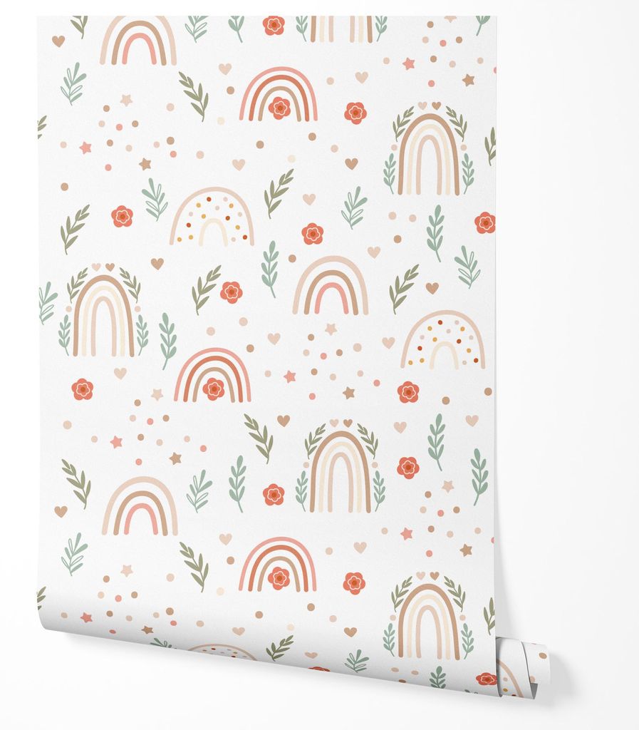 Vliestapete Regenbogen Blumen Blätter Muster beige grün Töne Kinderzimmer Babyzimmer Boho Natur Stil modernes Wanddesign 5m x 0.5m