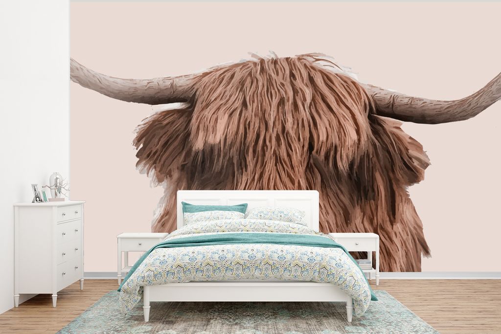 MuchoWow Fototapete für Wohnzimmer oder Schlafzimmer Wandtapete Vinyl Motivtapete Schottischer Highlander - Kuh - Vlies - 320x240 cm - Tapeten