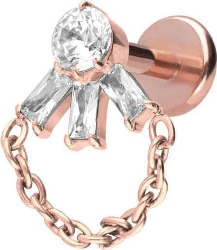 Ohrpiercing, Nasenpiercing Titan Labret mit Push Fit LOTUSBLÜTE + KETTE RoséGold Stablänge: 5mm | Stabstärke: 1mm