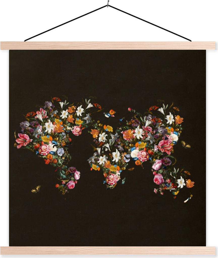 MuchoWow Textilposter Weltkarte - Rosen - Lilie - Blumen 40x40 cm mit holzfarbenen Rahmen - Posterleiste