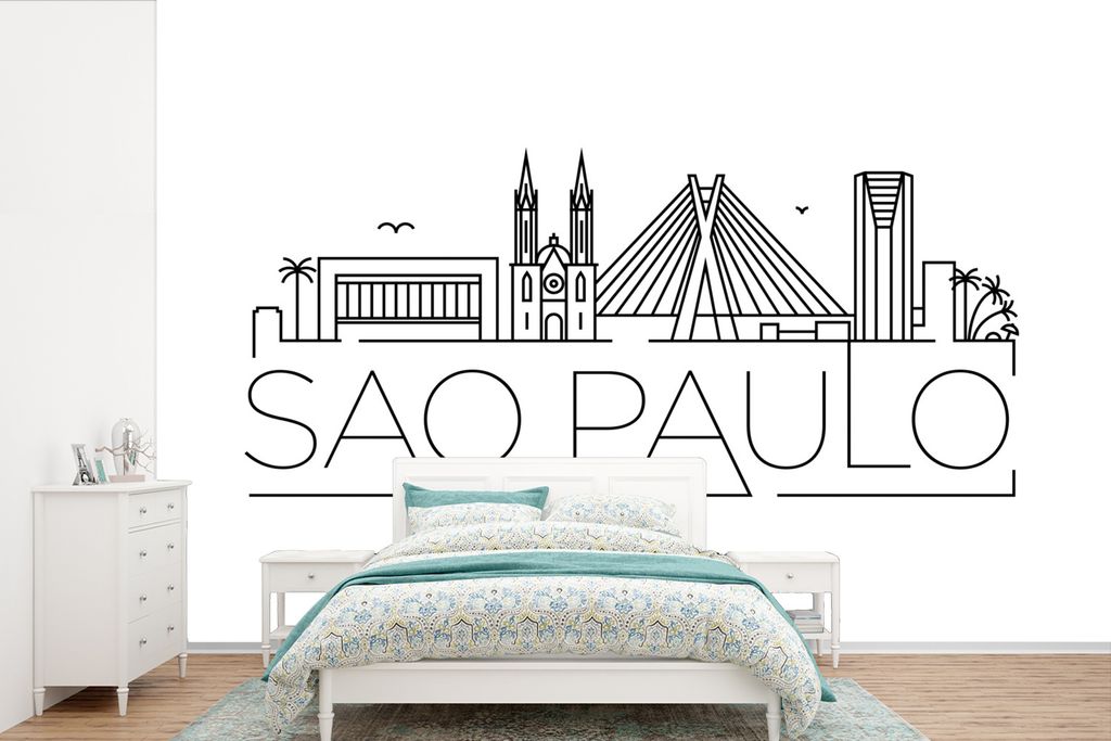 MuchoWow Fototapete für Wohnzimmer oder Schlafzimmer Wandtapete Vinyl Motivtapete Stadtbild "Sao Paulo" mit weißem Hintergrund - 360x240 cm - V...