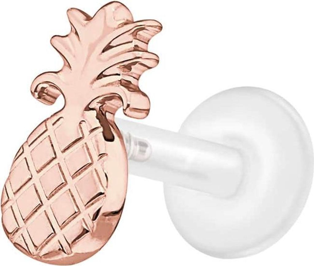 Ohrpiercing, Nasenpiercing PTFE Labret mit Innengewinde + Titan-Aufsatz ANANAS RoséGold Stablänge: 6mm | Stabstärke: 1,2mm