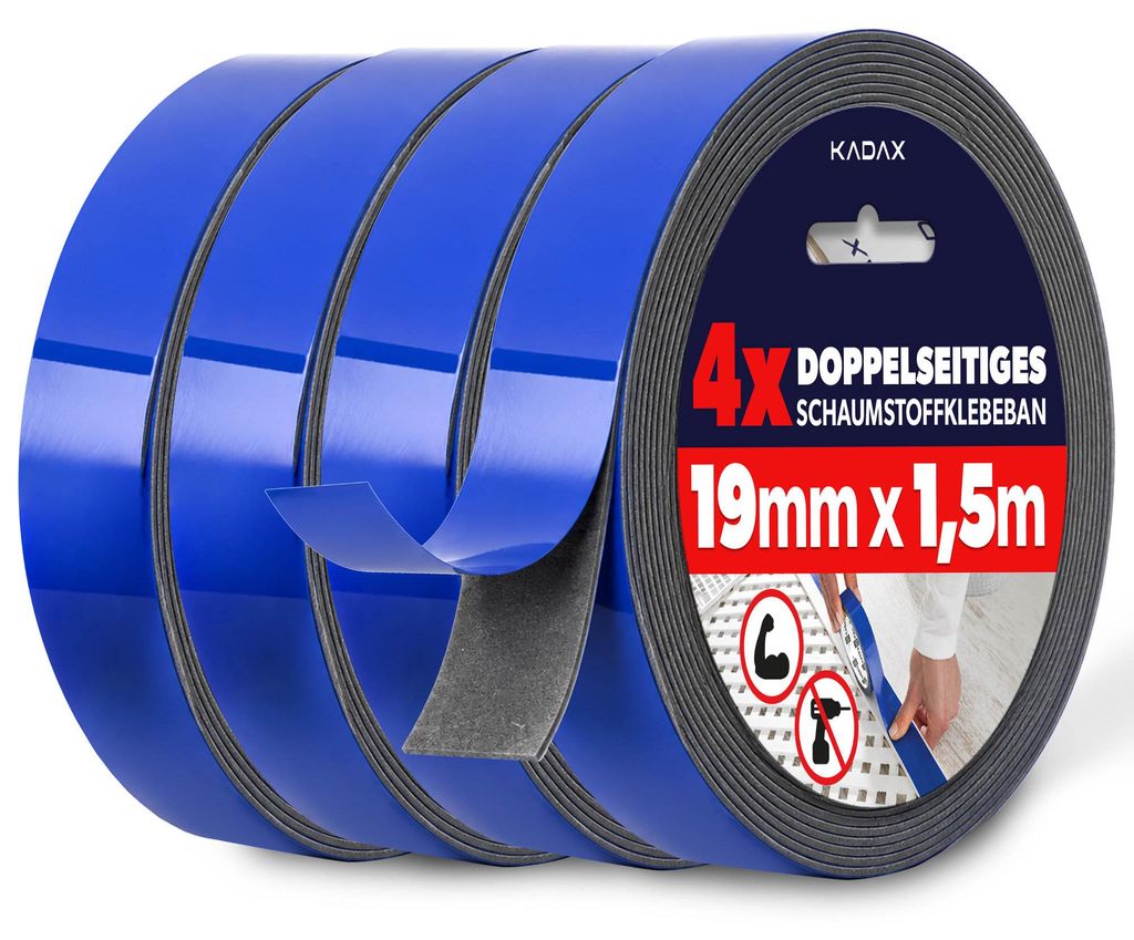 KADAX Doppelseitiges Klebeband 19 mm x 1,5 m, 4 Rollen, Extra Stark Montageklebeband aus PE-Schaum, Schaumstoff Doppelklebeband für Spiegel, Leist...