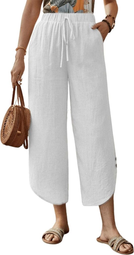 ASKSA Damen 7/8 Hose Leinenhose Laenge High Waist Weitem Bein Freizeithosen Casual Lose Leicht Sommerhose mit Taschen (Weiss,L)