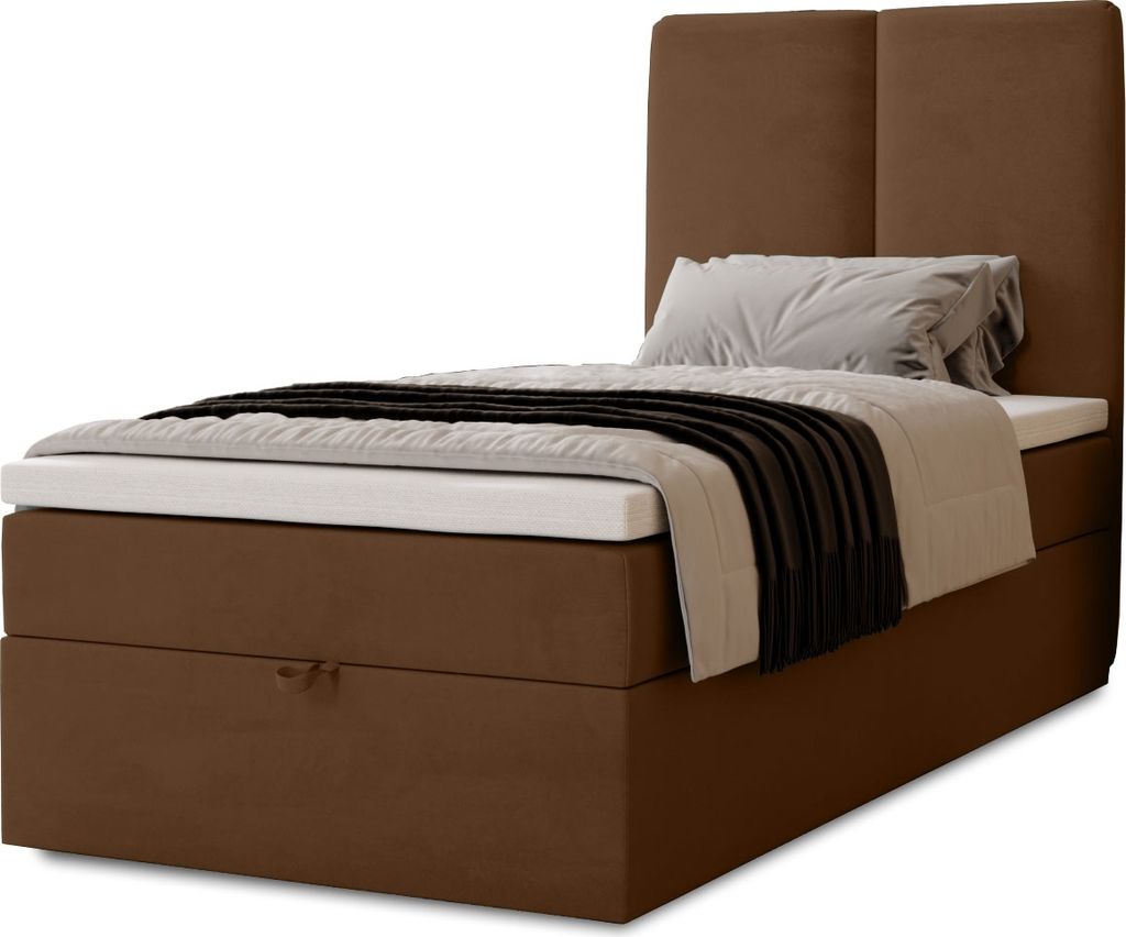 Boxspringbett Malmo mit Bettkasten, 90x200, Farbe: Dunkelbraun, Velourstoff, Doppelbett mit Bonell-Matratze inkl. Topper