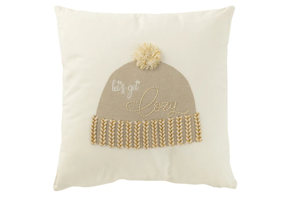 Coussin Moelleux en Coton Let's Get Cozy J-Line Blanc/Beige 45x45x12 cm