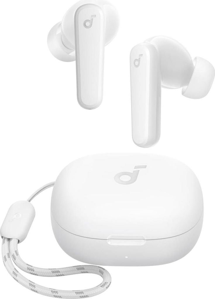 A pair of white wireless earbuds and their charging case are displayed against a white background.