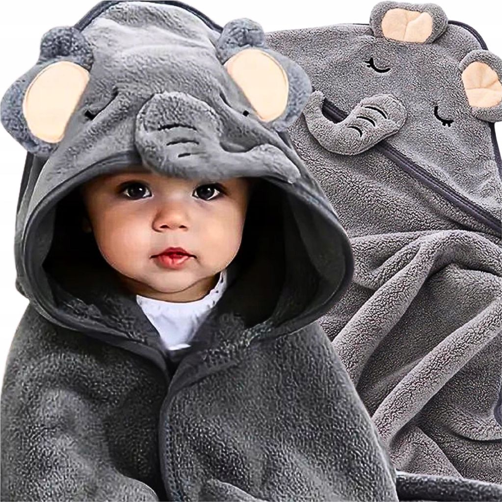 A baby wearing an elephant-themed hooded towel.