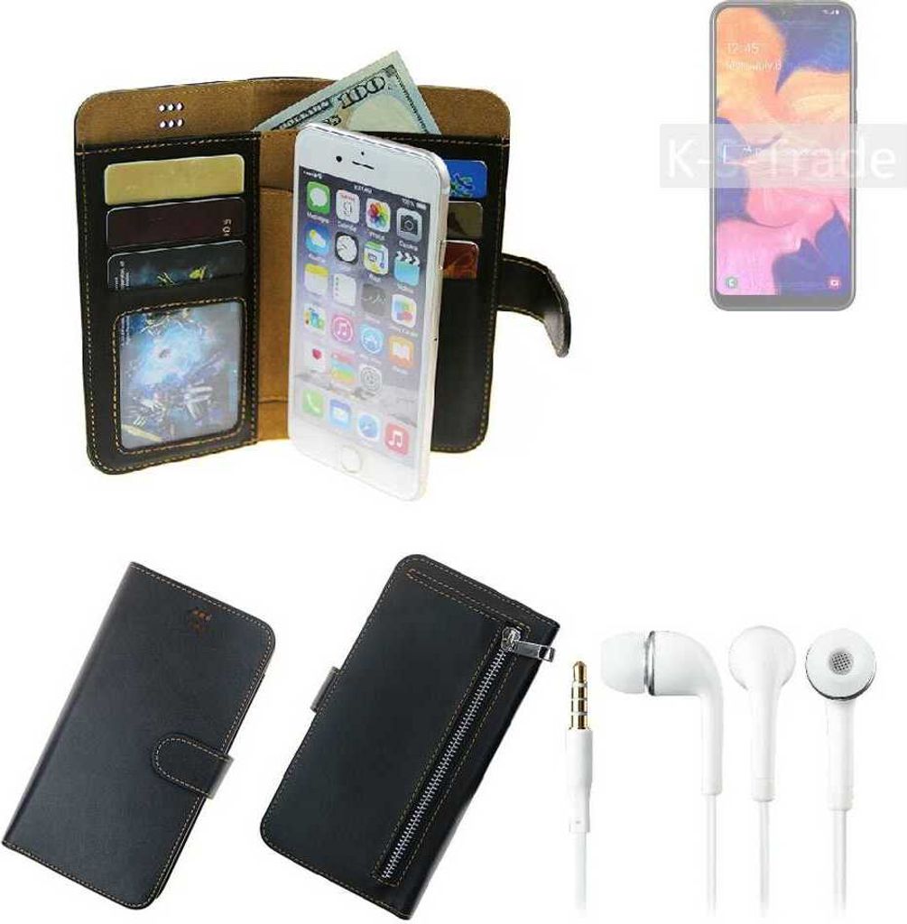 TOP SET Handy Hülle Schutz Hülle kompatibel mit Samsung Galaxy A10s schwarz aus Kunstleder + Kopfhörer Smartphone Tasche vollwertige Geldbörse