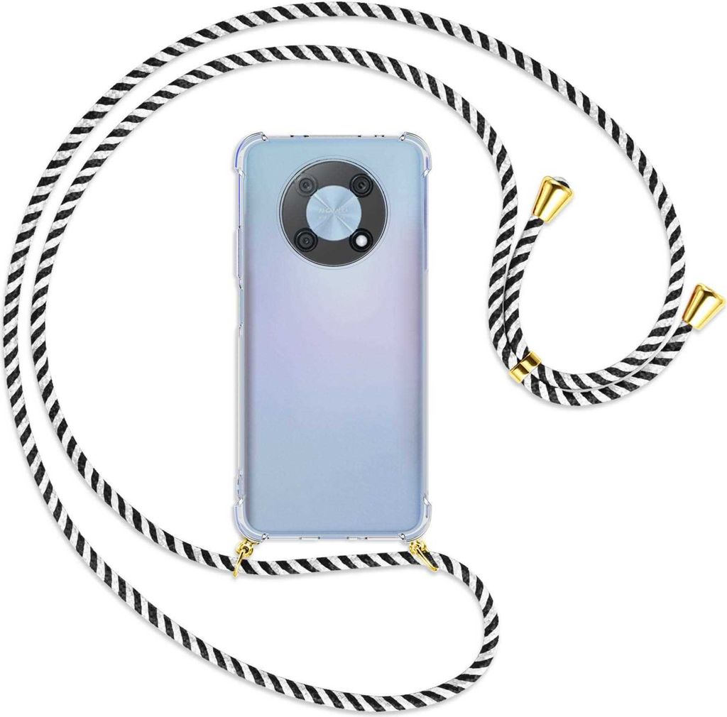 Handykette Backcover-Schutzhülle mit Band (Metall goldfarben) für Huawei nova Y90 4G (6.7'') - schwarz/weiß gestreift