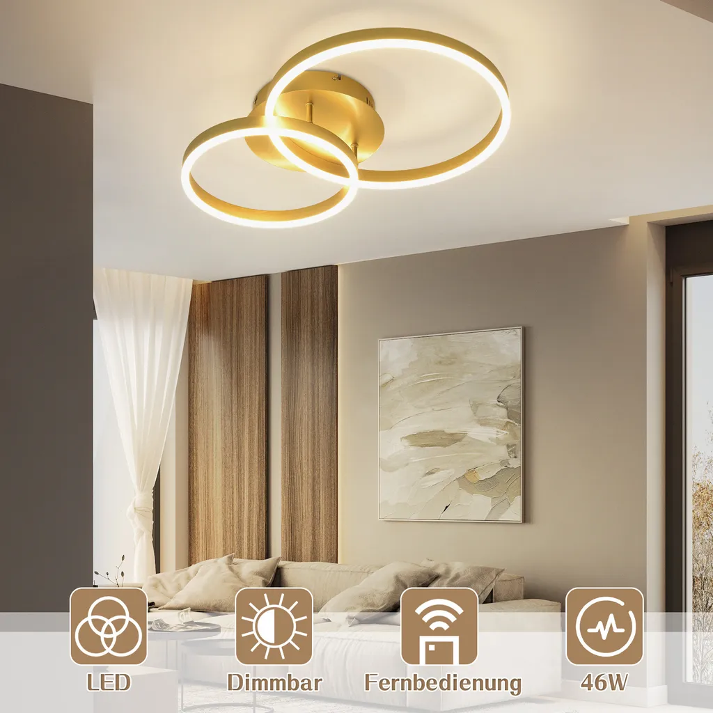 ZMH Plafonnier LED Salon Dimmable Or 46W avec Télécommande Design - 3