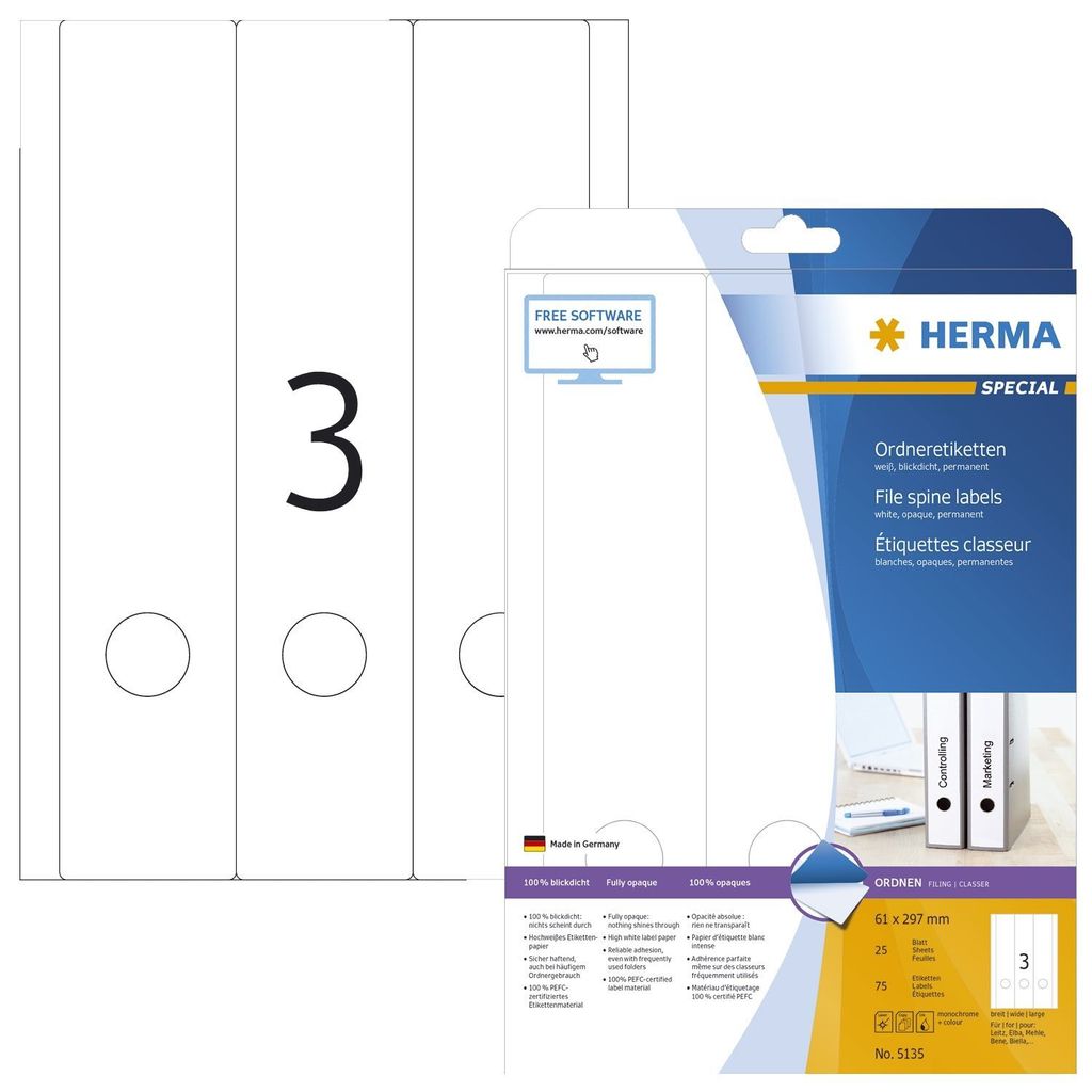 HERMA Ordneretiketten A4 weiß 61x297 mm Papier opak  75 St. Produktbild 