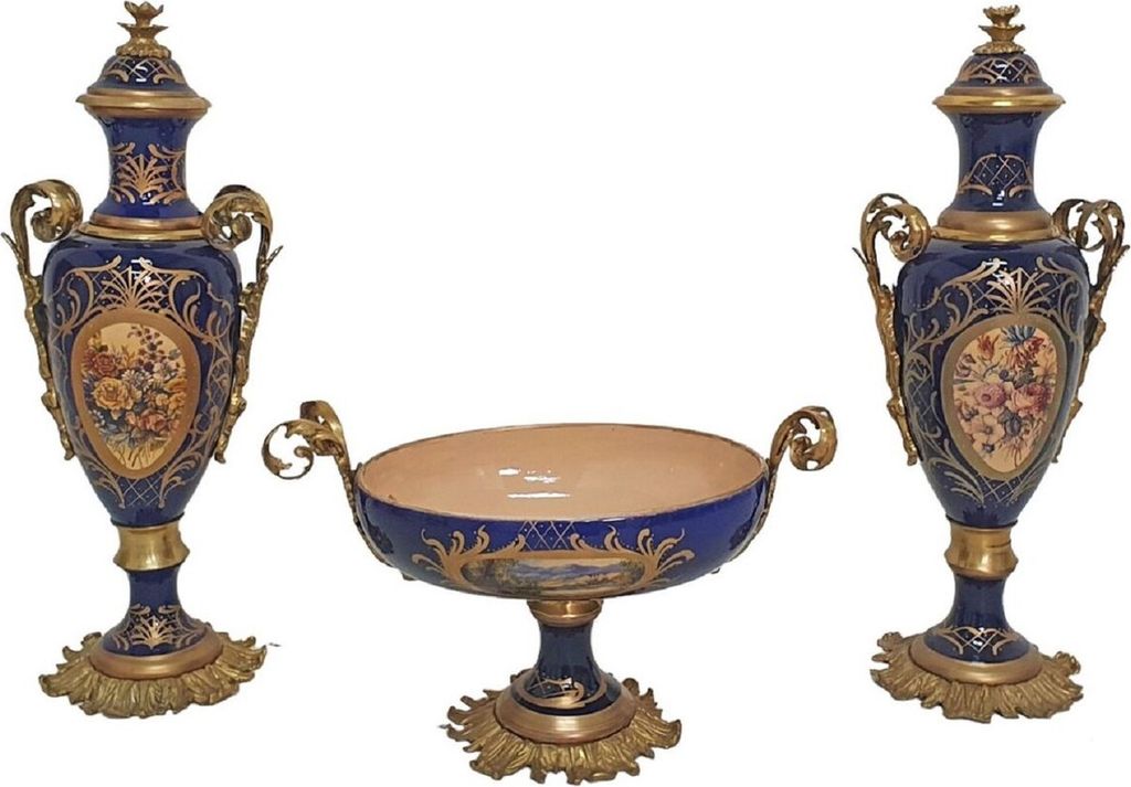 Casa Padrino Barock Deko Keramik Vasen Set mit Schale Blau / Mehrfarbig / Messing - Prunkvolle Deko im Barockstil - Barock Deko Accessoires - Baroc...