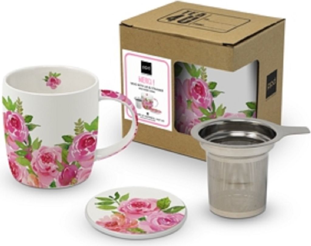 Teetasse mit Teesieb, Rosen, Blumen, Teetassen Geschenkkarton Geschenkidee